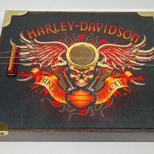 Wall art one of a kind Harley Davidson themed 3 string cigar box type guitar.