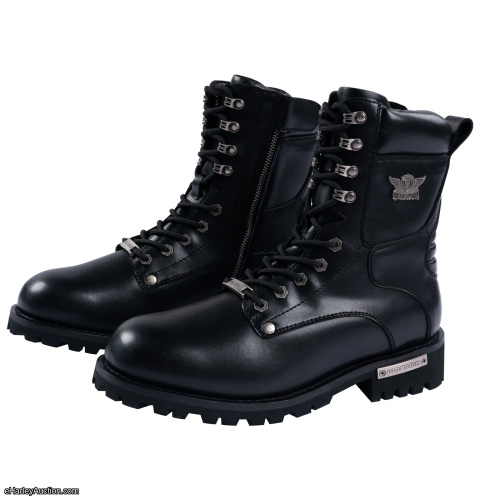 Men's motorcycle boots with zip up and lace up style.
